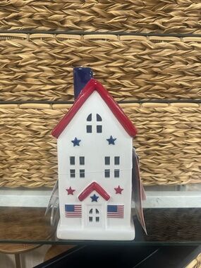 Martha Stewart White Ceramic Patriotic House Figurine with Red and Blue Accents
